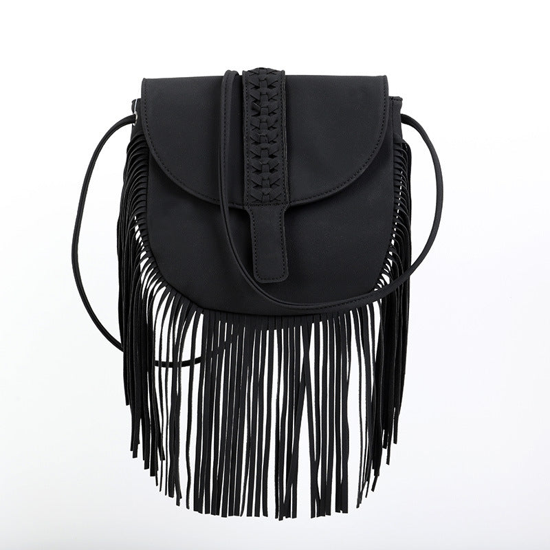 Wholesale Bohemian Covered Braided Half Circle Soft Leather Tassel Shoulder Crossbody Bag